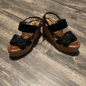 Size 8.5 Sam Edelman Black and Cork wedge sandals.